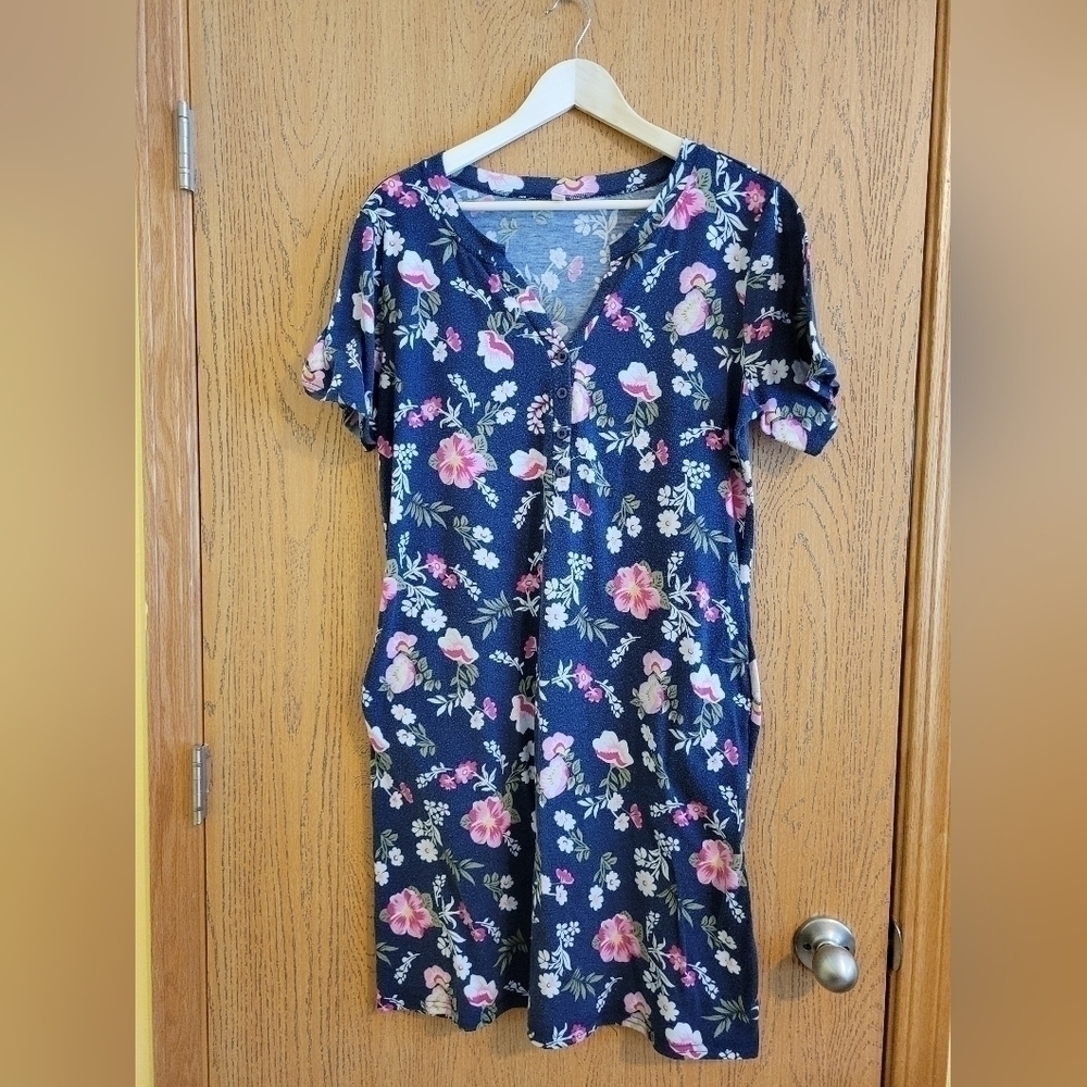 Ekouaer Navy Blue Floral nursing short sleeve nightgown w/ pockets Size M